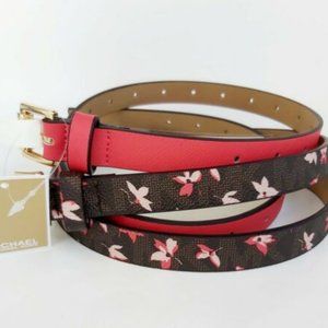 Set 2 Michael Kors Slim .5" MK Logo Buckle Red Orange/Floral Brown Belt Size L